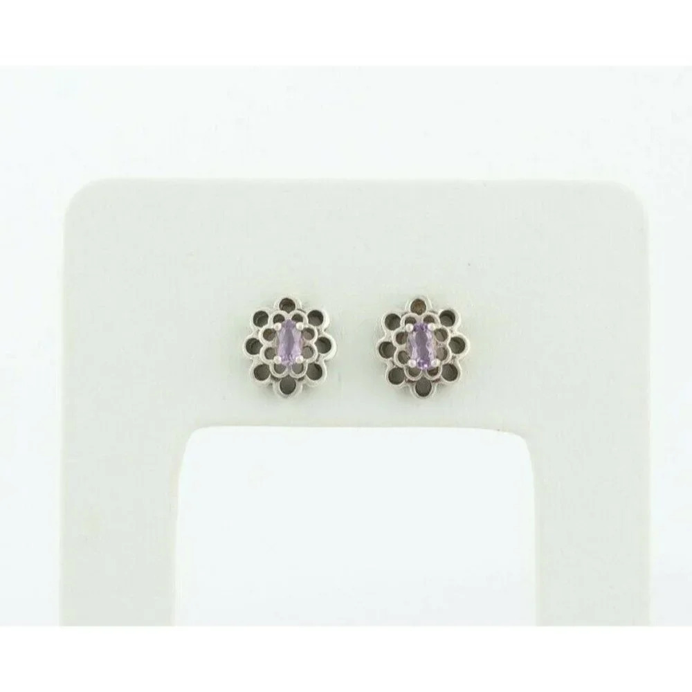 Sterling Silver Purple Amethyst Flower Earrings Stud Post Earrings - Picture 5 of 7